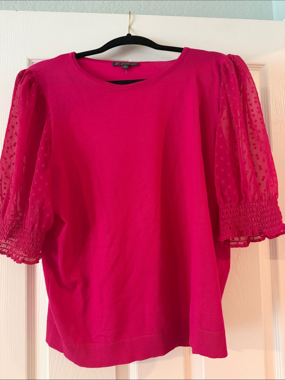 Adrianna Papell Hot Pink Sheer Dot Puff Sleeve Top